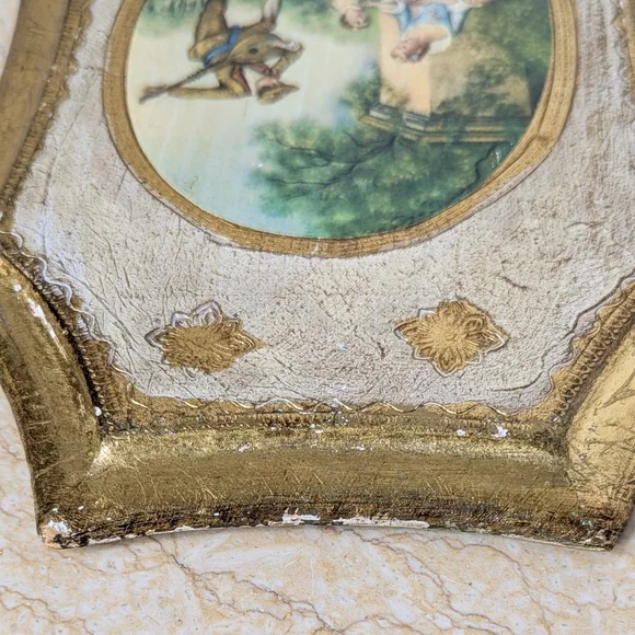 Vintage Italian Gold Gilt Pair Florentine Wooden Frames Garden Scene Wall Plaque - Picture 4 of 11